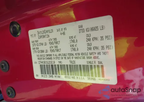 2006 Dodge Ram 1500 St из США, поврежденный, VIN 1D7HA16K16J216110